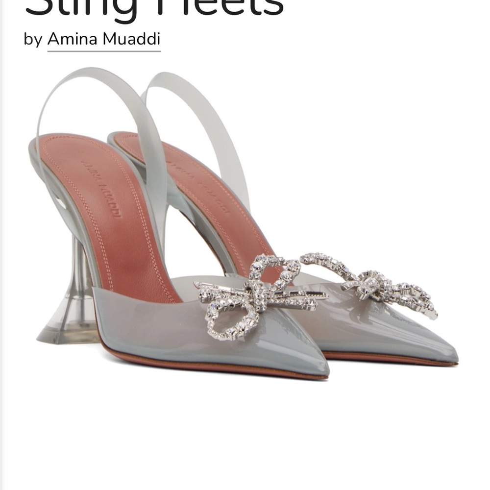 Amina Muaddi Silver Slingback Heels with Crystal Bow